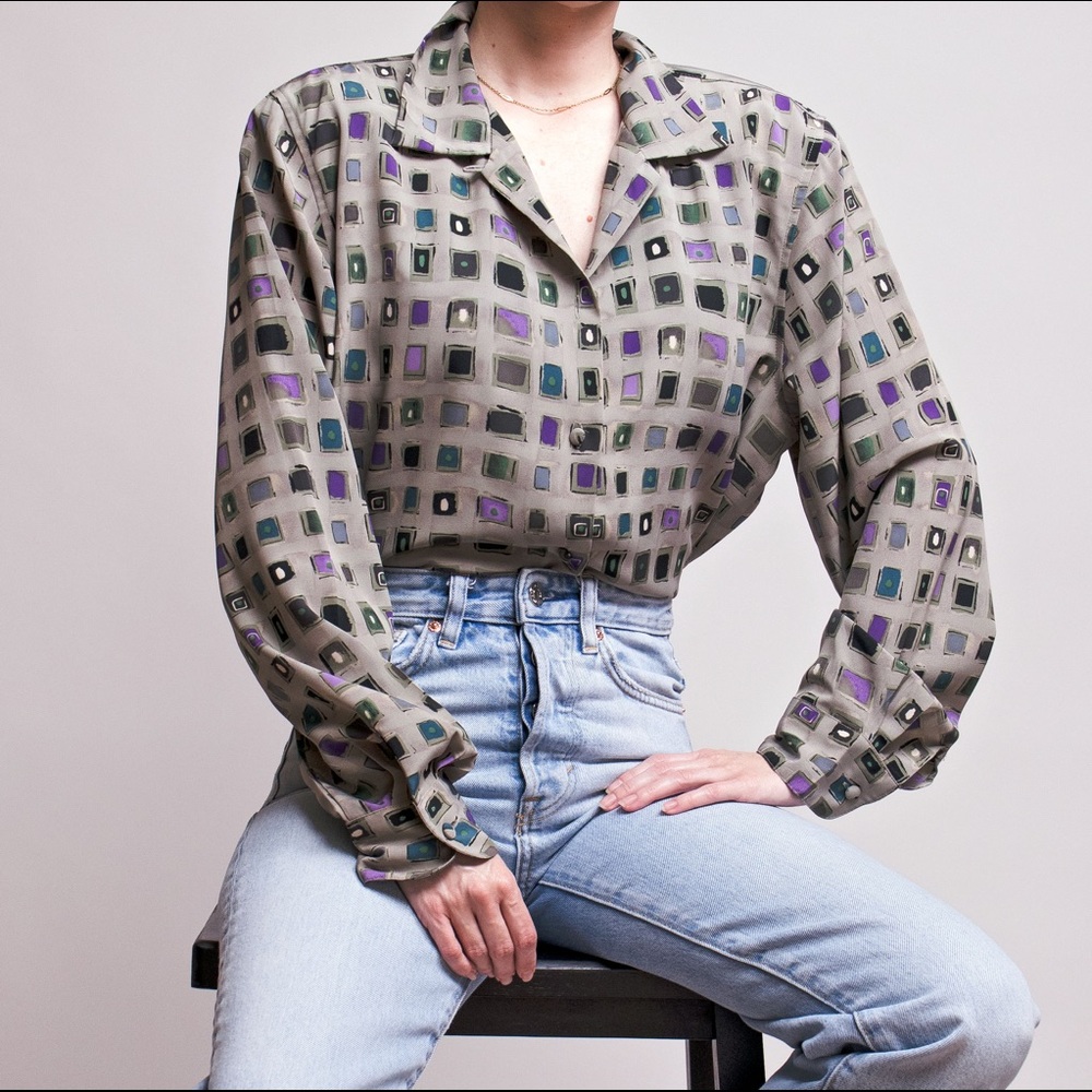 Vintage 80s geo print button down poet blouse